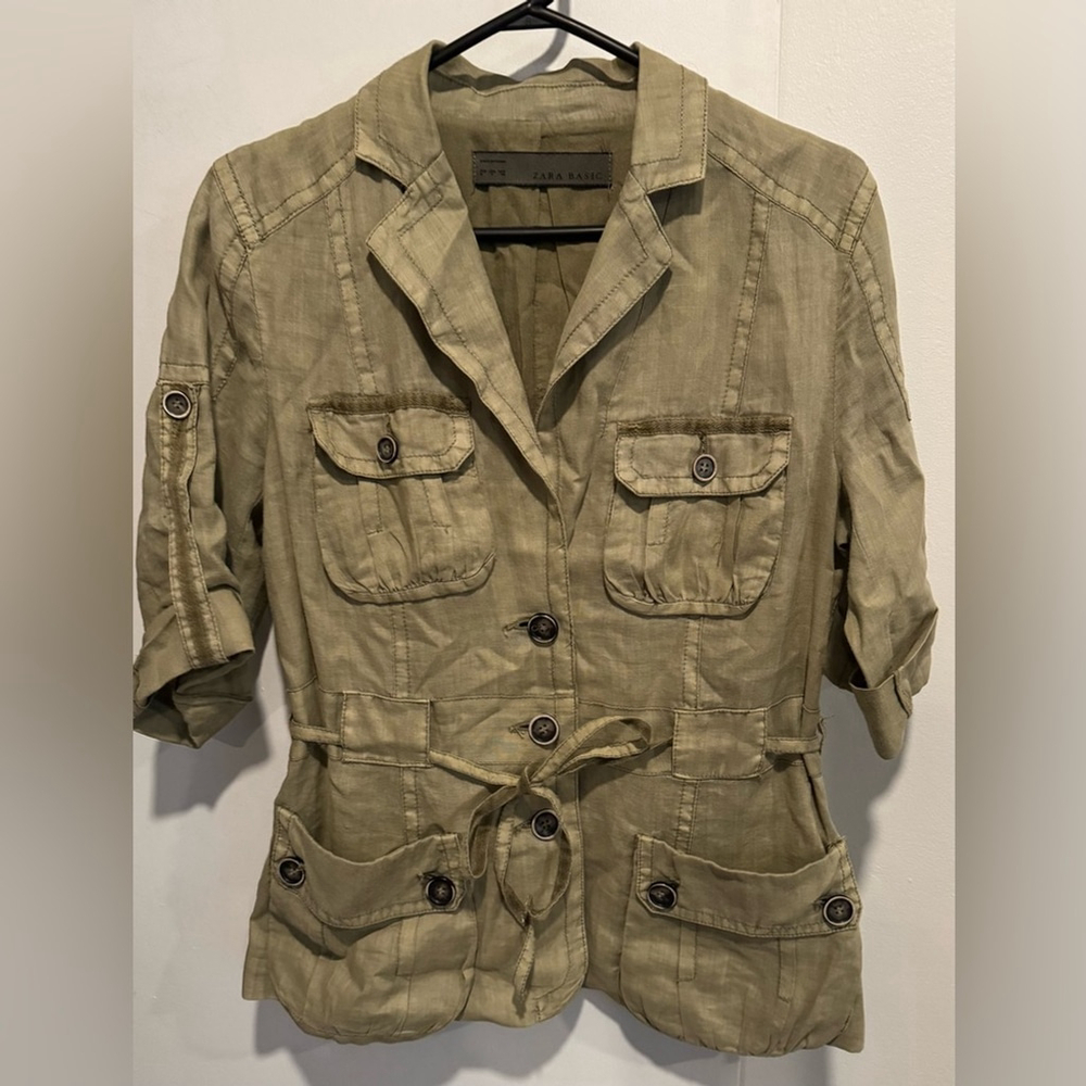 ZARA safari military shirt blazer khaki army ramie office party belt airy USM